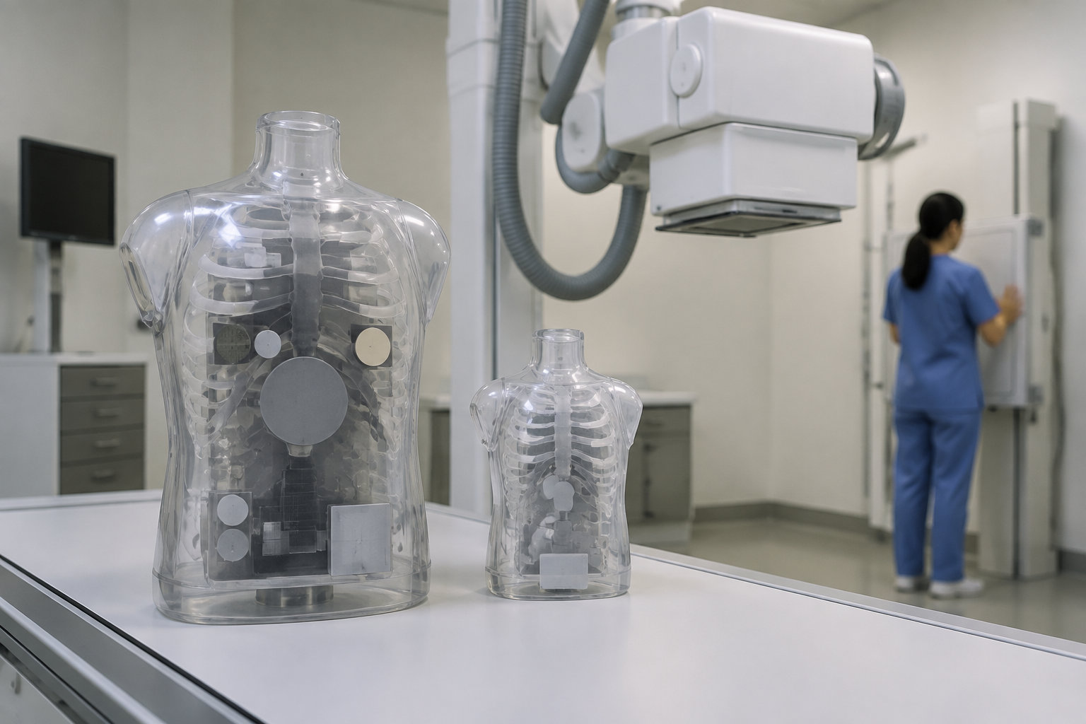 Deux mannequins transparents représentant des torses sont posés sous un appareil de radiographie, tandis qu’une personne en blouse bleue se tient devant un tableau.