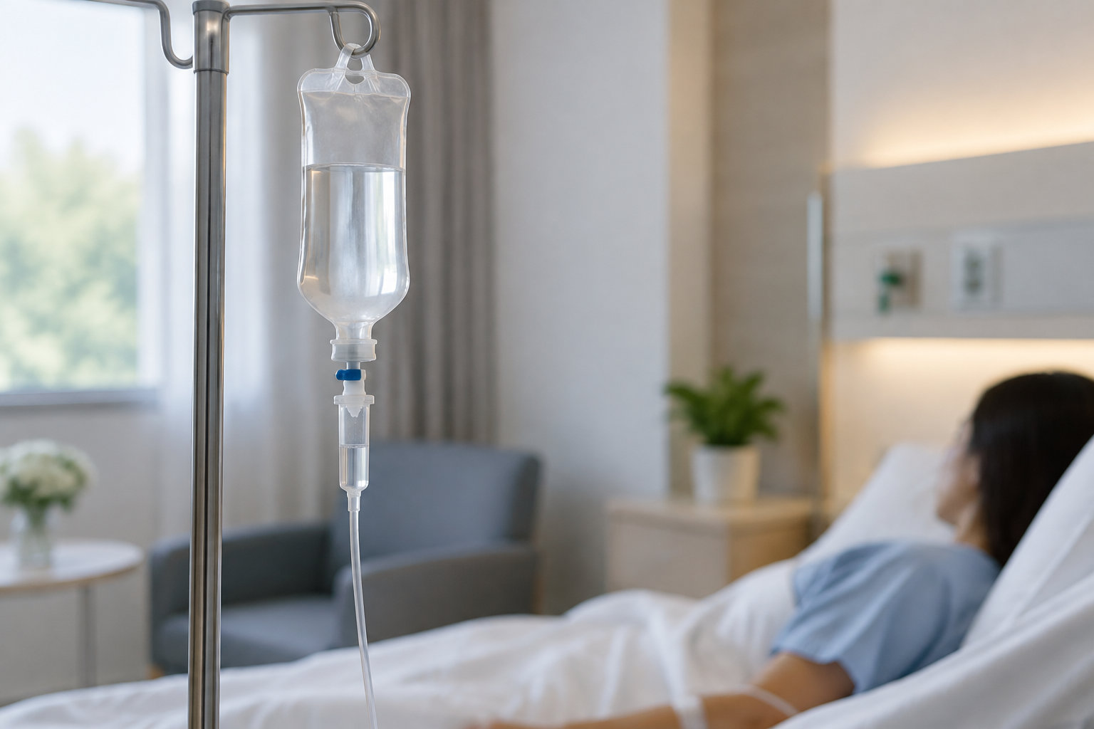 Une poche de perfusion est suspendue à un pied près d’une personne allongée dans un lit d’hôpital.