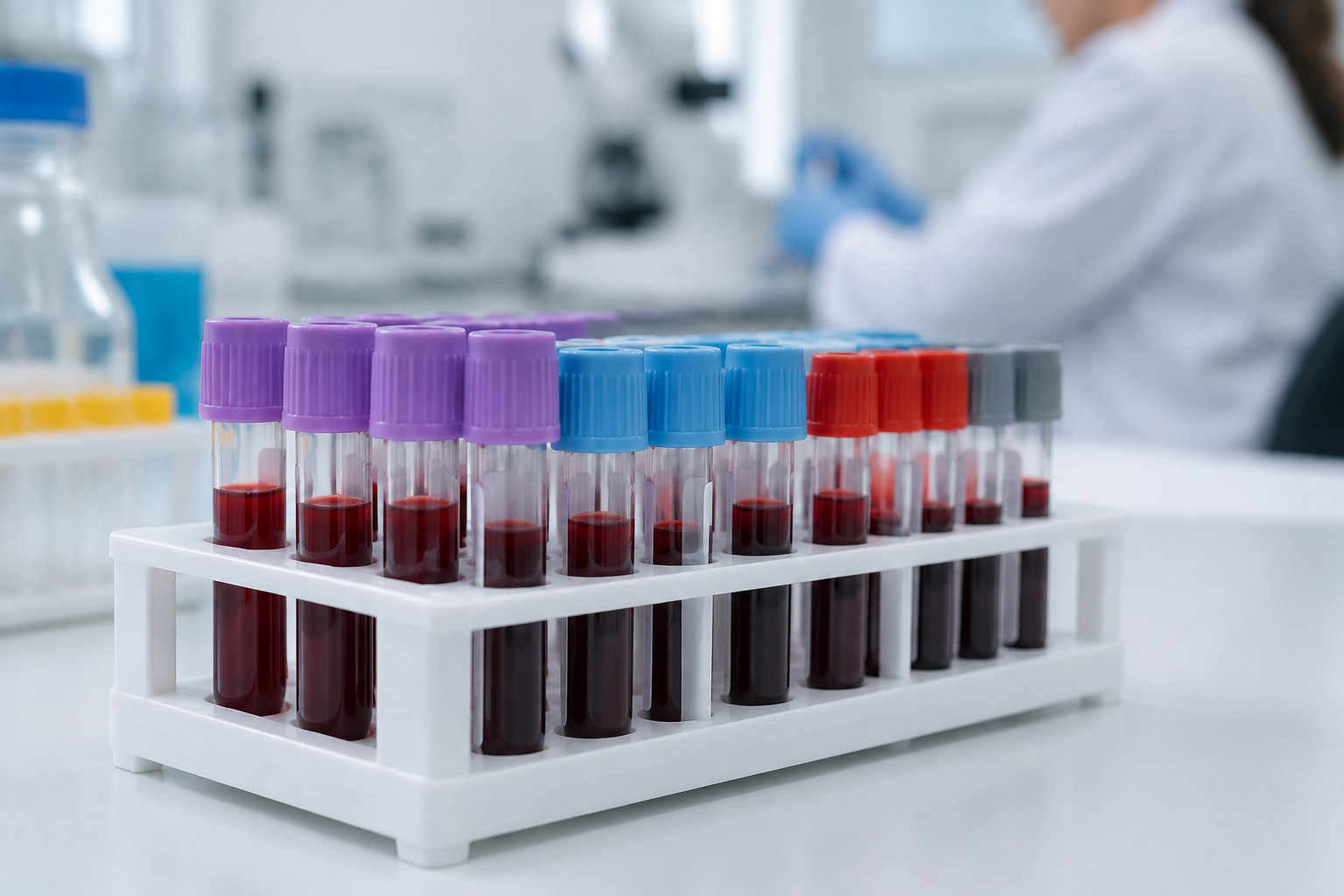 Des tubes contenant du sang, fermés par des bouchons de différentes couleurs, sont rangés dans un support de laboratoire devant une personne en blouse.