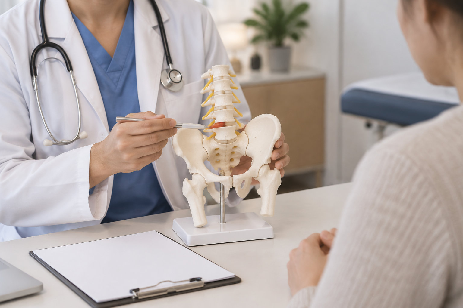 Un médecin montre un modèle de bassin et de colonne vertébrale à une personne assise en face de lui.