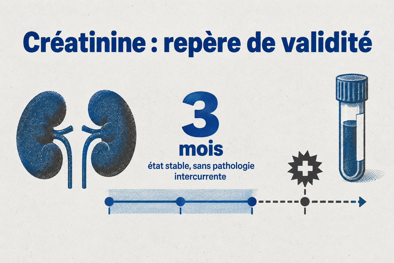 Chez une personne dont l’état est stable et sans pathologie intercurrente, le dosage de créatinine reste généralement valable trois mois ; un épisode de santé intercurrente invite à réévaluer ce délai.