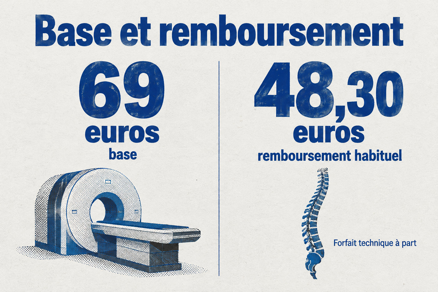La base est de 69 euros et le remboursement habituel de 48,30 euros ; le forfait technique est traité à part.